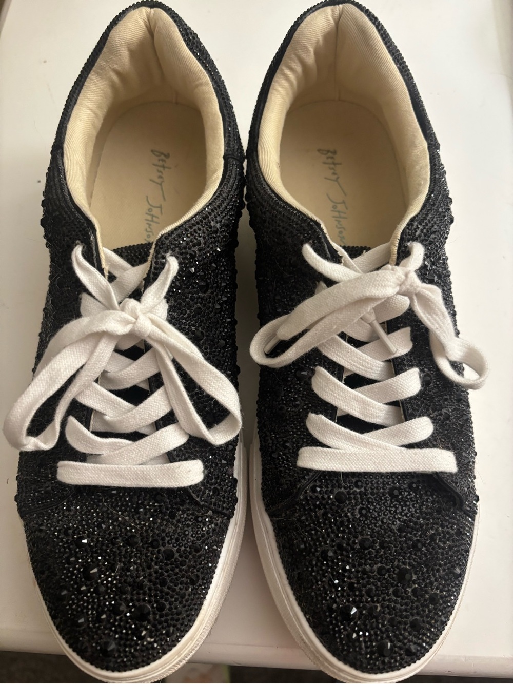 Betsey Johnson Black Crystal-Studded Lace-Up Sneakers